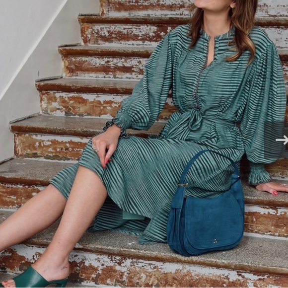 Ulla Johnson Striped Button Front Maxi Midi Shirt Dress Green Teal Size 10 - Picture 2 of 11